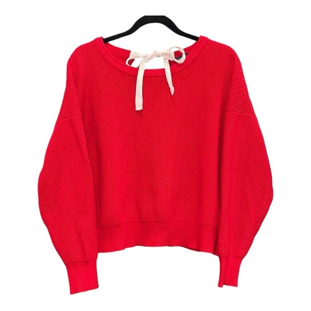 Zara Knit Red Ribbed Sweater Medium Tie Back Detail Relaxed Fit Pullover‎